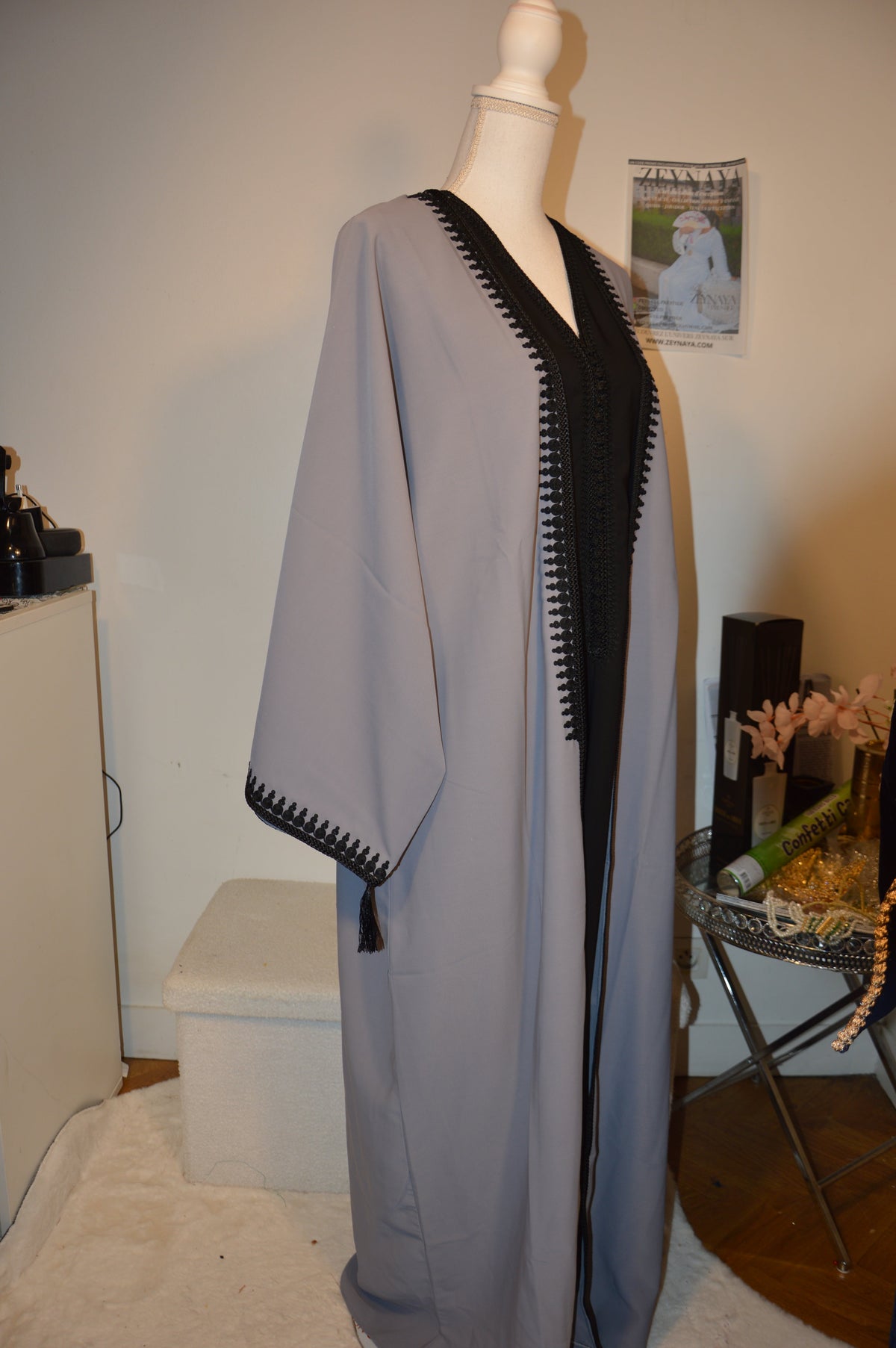 Kimono Crêpe Premium 2 Pièces - Robe Noire & Veste Gris Perle