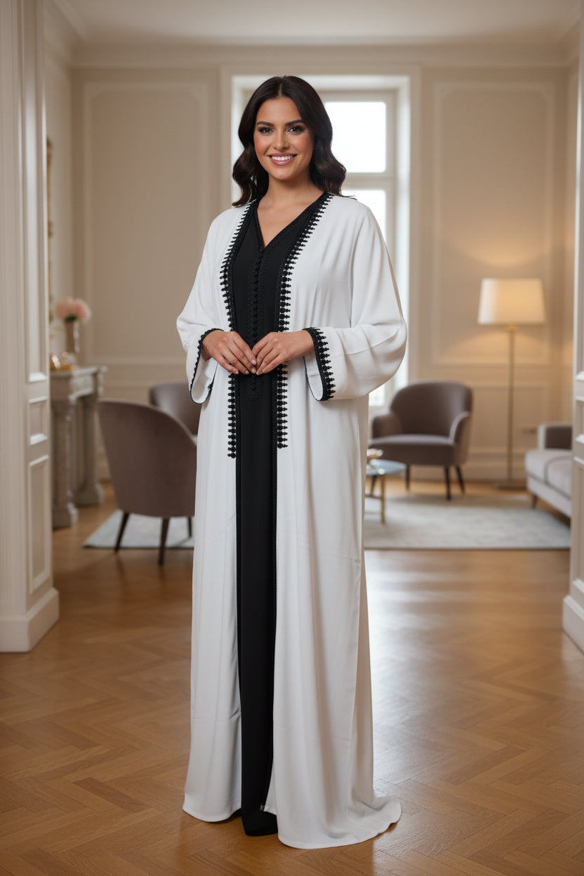 Kimono Crêpe Premium 2 Pièces - Robe Noire & Veste Blanc Pur