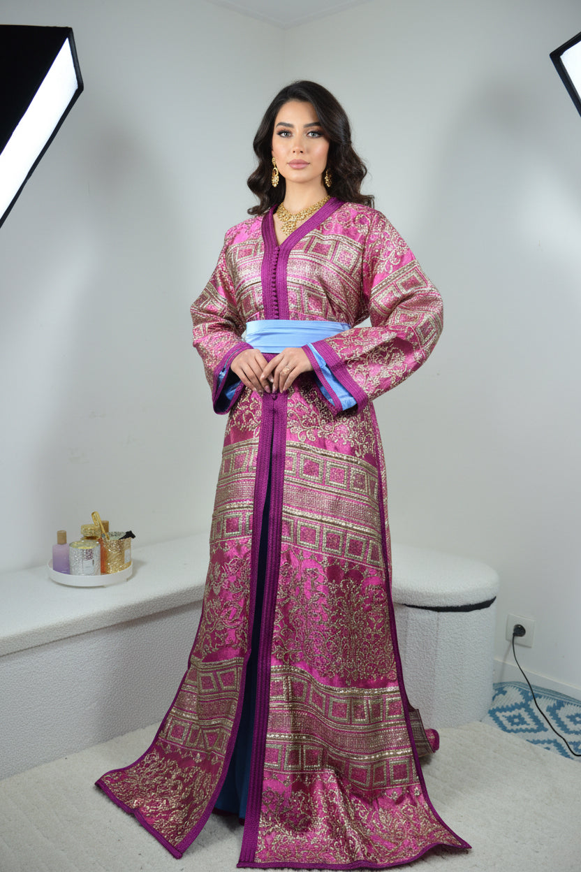 Fuchsia & Gold Brocade Takchita – Satin Blue Belt
