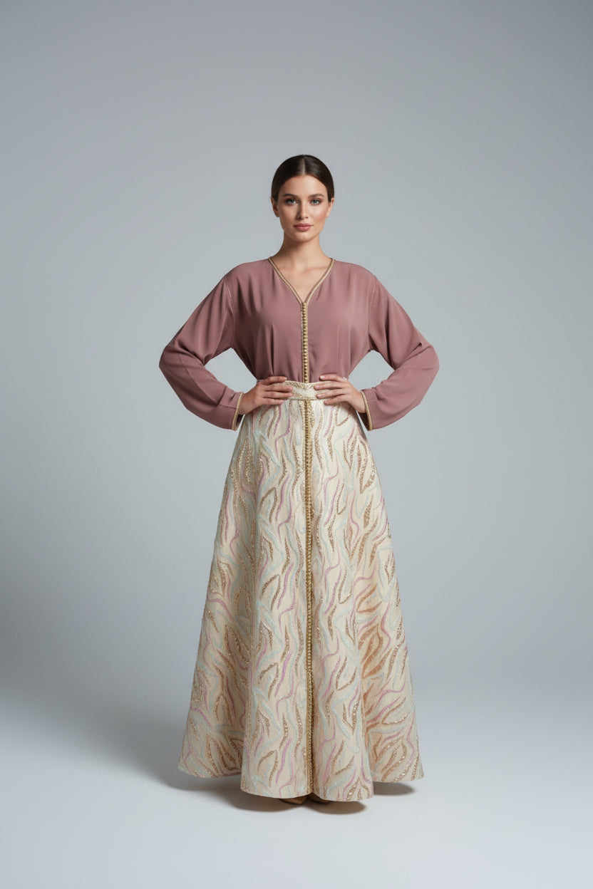 Ensemble Jupe Brocart Rose & Or – Féminité Fleurie & Luxe Marocain