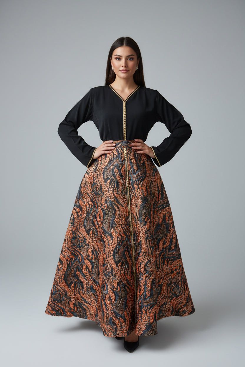 Ensemble Haut Noir & Jupe Brocart Orange – Audace Solaire & Élégance Orientale