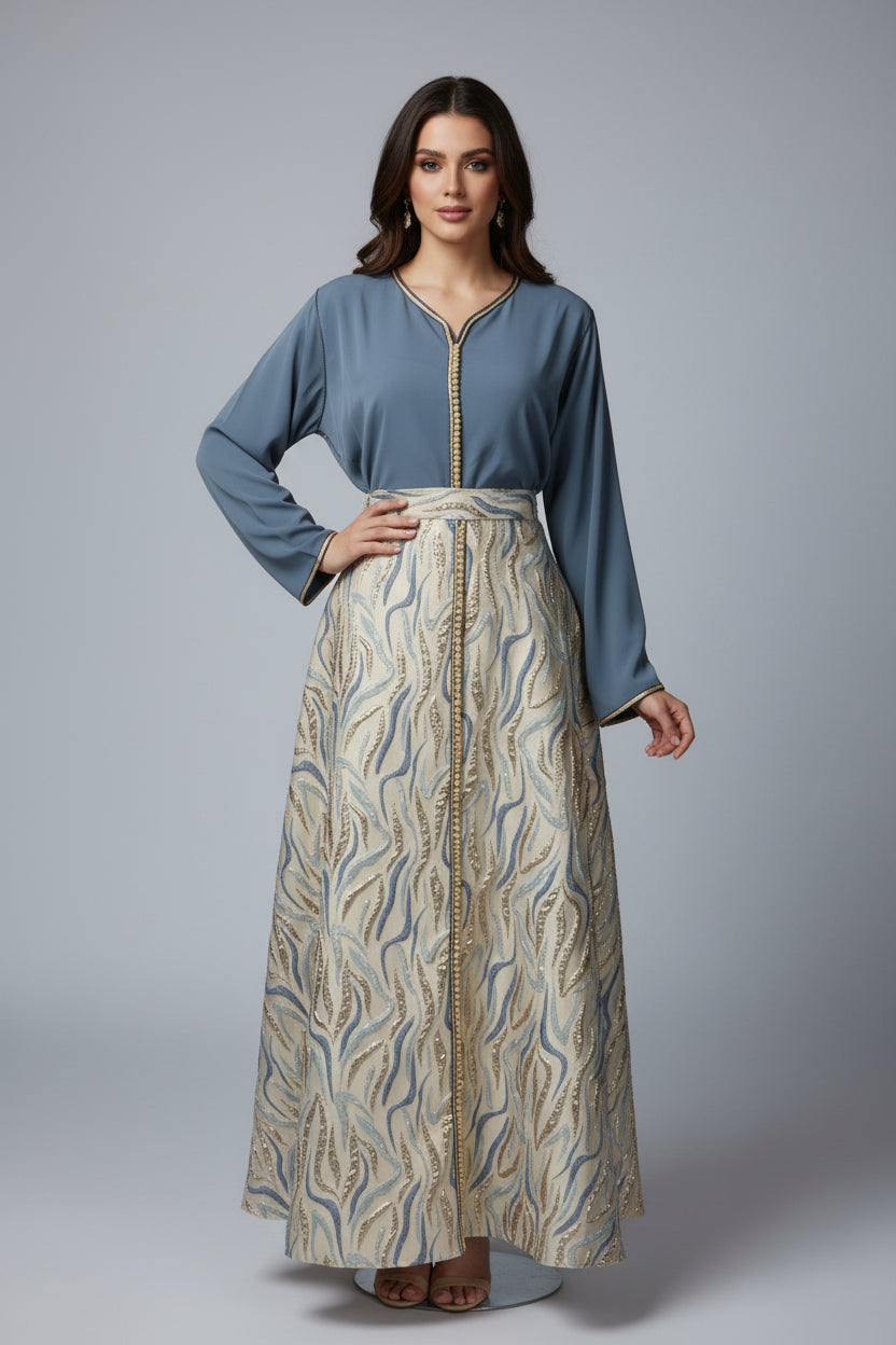 Ensemble Haut Gris & Jupe Brocart Bleu Or
