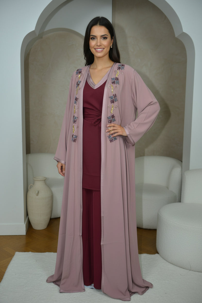 Kimono Crêpe Premium 4 Pièces Brodé Perlé - Vieux Rose