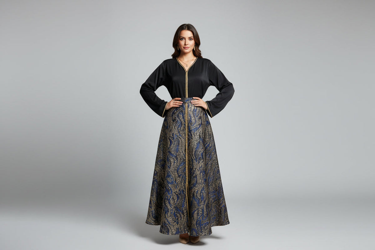 Ensemble Haut Noir & Jupe Brocart Bleu Marine & Or – Nuit Royale & Élégance Orientale