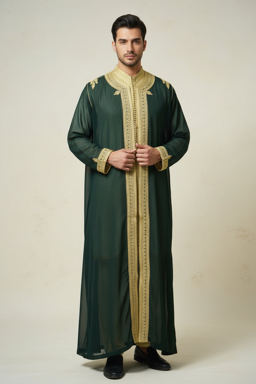 Jabador Homme Blanc Vert Or - Tenue Marocaine Luxe