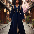 Caftan Kimono Velours Bleu Nuit - Élégance Marocaine