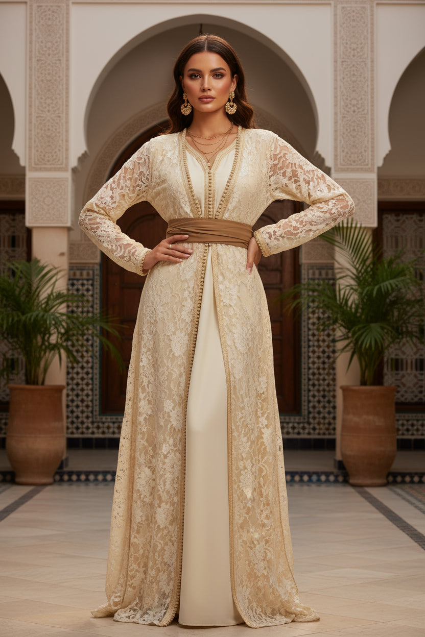 Golden Takchita Oriental Elegance – Lace and Satin Belt