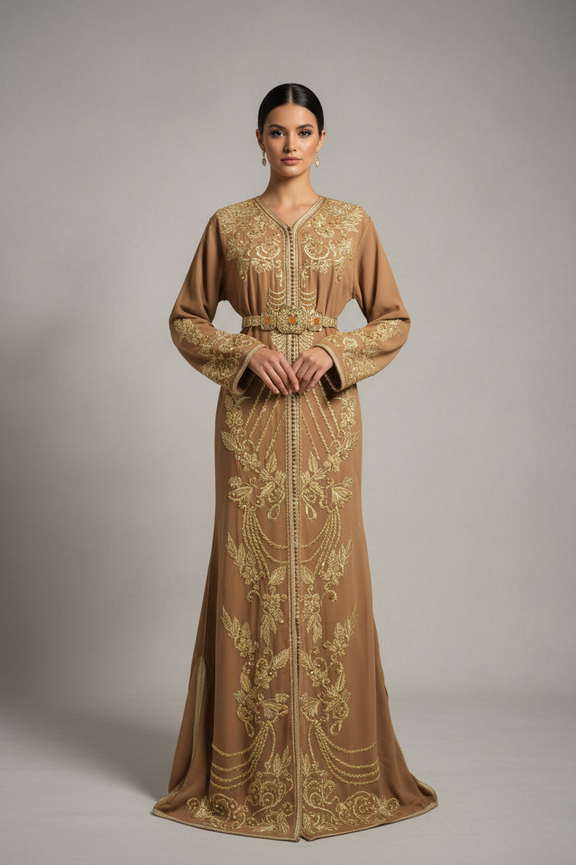 Caftan Beige Moka Coupe Sirène – Broderies Raffinées
