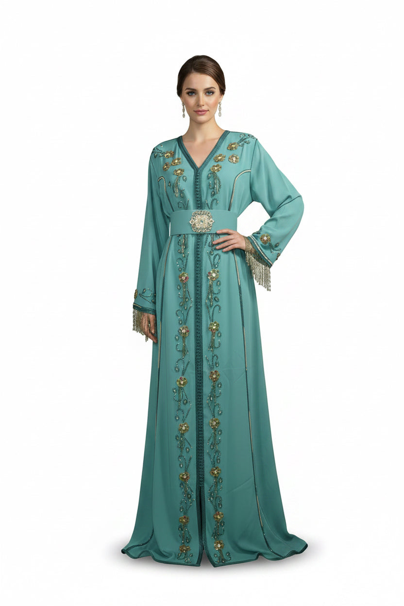 Caftan Bleu Vert Émeraude - Élégance Marocaine Prestige
