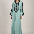 Green Water Farasha Gandoura with Black Flowers - Moroccan Prestige Luxury