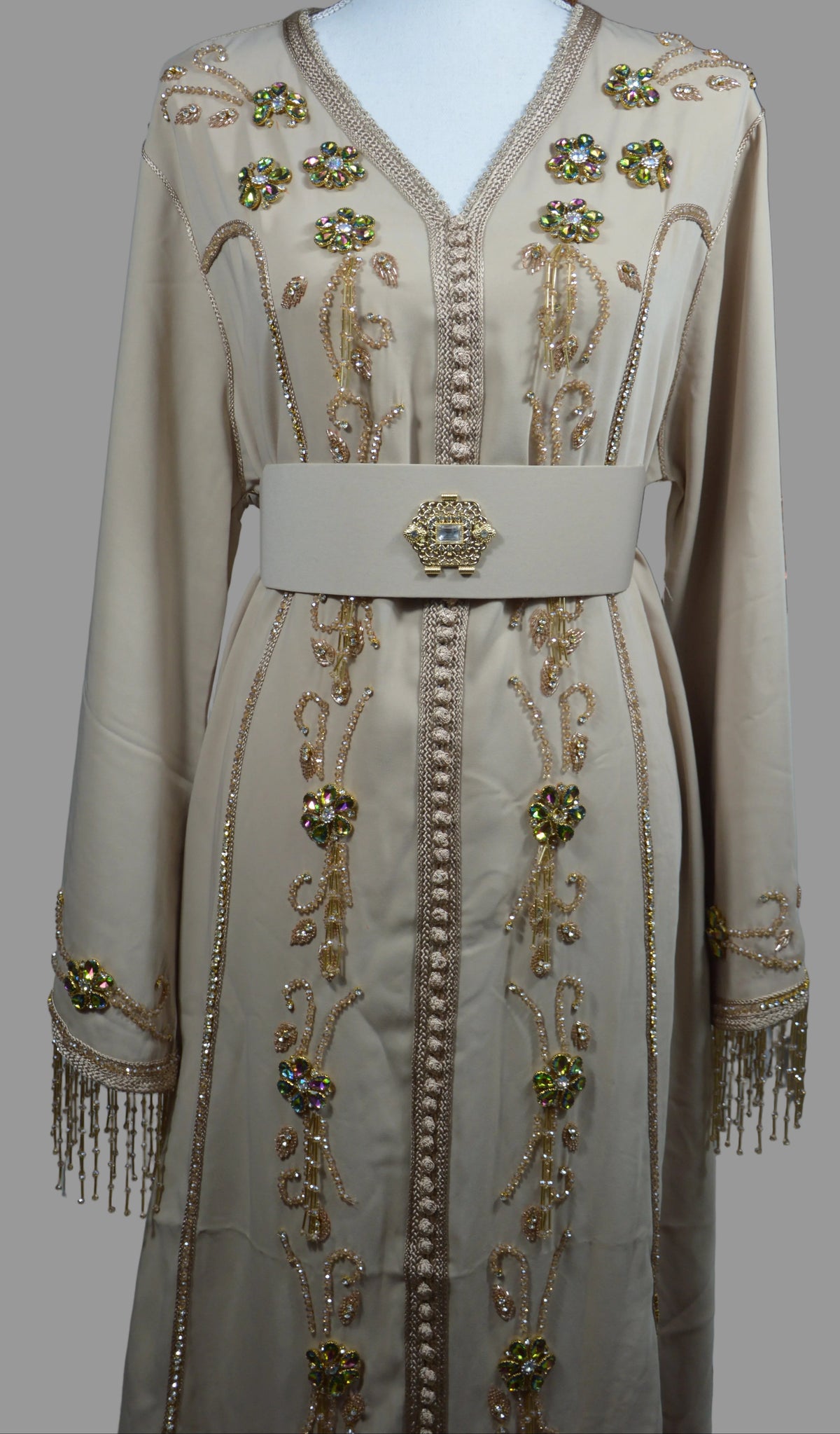 Caftan Beige Pierre Perle - Élégance Marocaine Prestige
