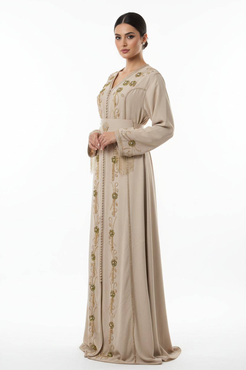 Caftan Beige Pierre Perle - Élégance Marocaine Prestige