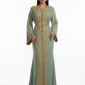 Caftan Perlé Coupe Sirène Vert Eau - Élégance Marocaine Prestige