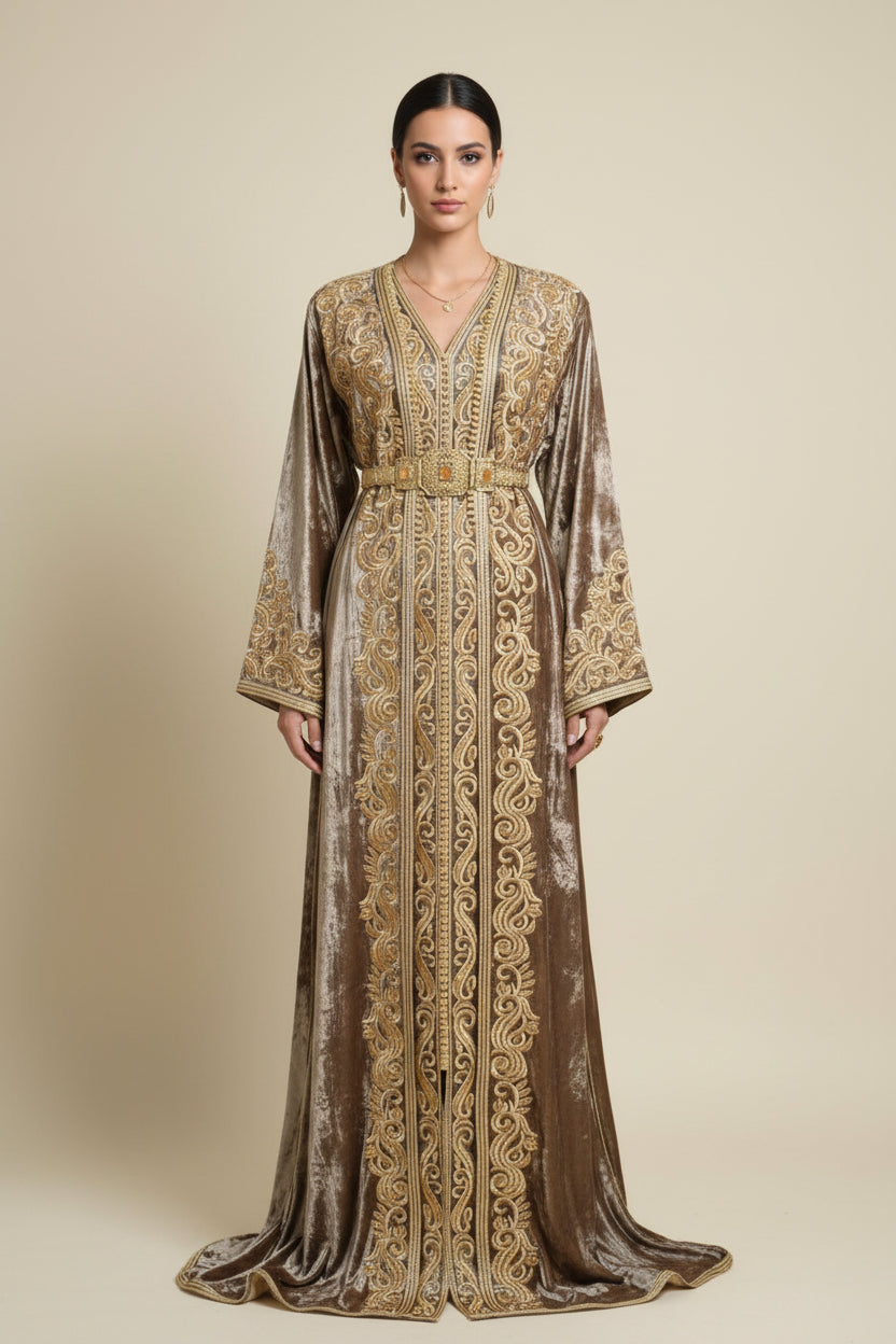 Takchita Haute Couture Velours Marron - Luxe Marocain Prestige