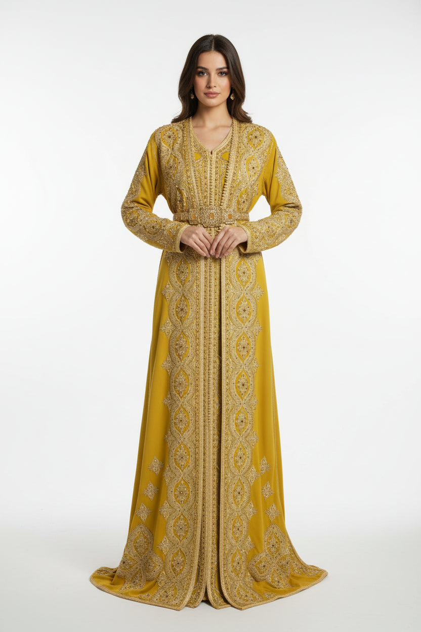 Takchita Haute Couture Moutarde Dorée - Luxe Marocain Prestige