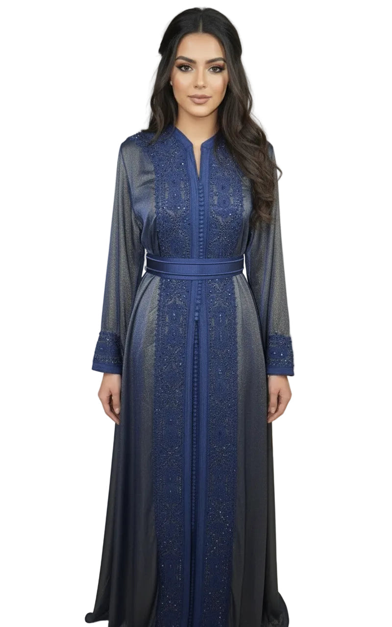 Takchita Bleu Marine Brodée Marocaine - Luxe Haute Couture