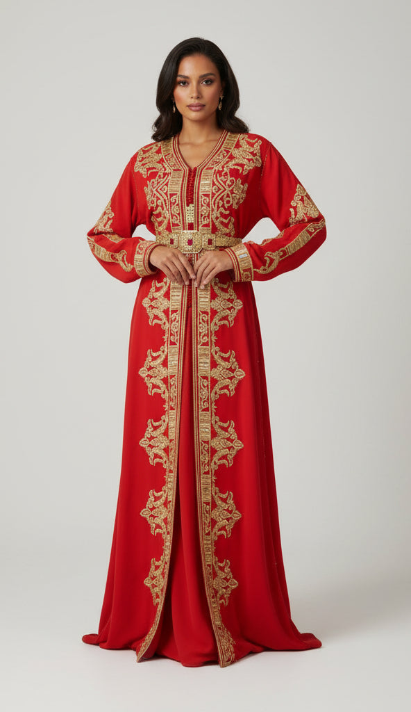 Takchita Rouge Brodée Marocaine - Luxe Haute Couture Deux Pièces