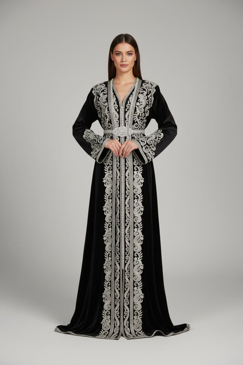 Takchita Haute Couture Velours Noir Prestige broderie argent - Cérémonie & Mariage