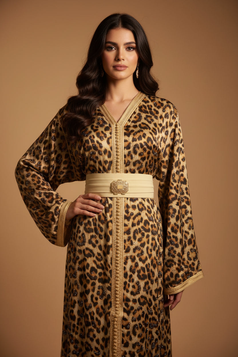 Caftan Léopard Crêpe 2 Satiné Brillant broderie beige - Audace Élégante