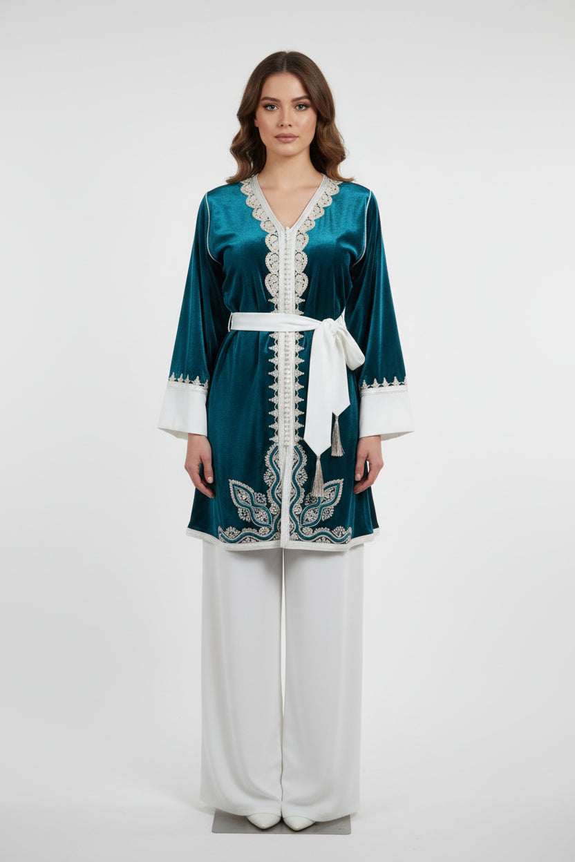 Jabador Bleu Canard Blanc Femme - Ensemble 3 Pièces Velours et Crêpe