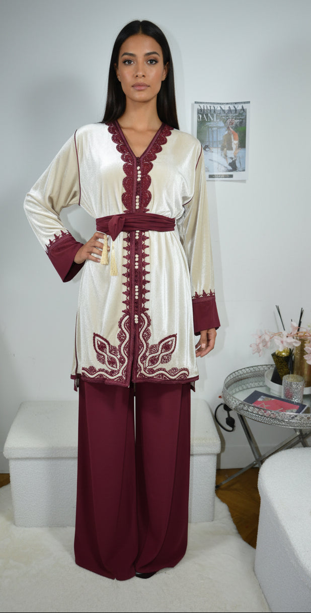 Jabador Blanc Bordeaux Femme - Ensemble 3 Pièces Velours et Crêpe