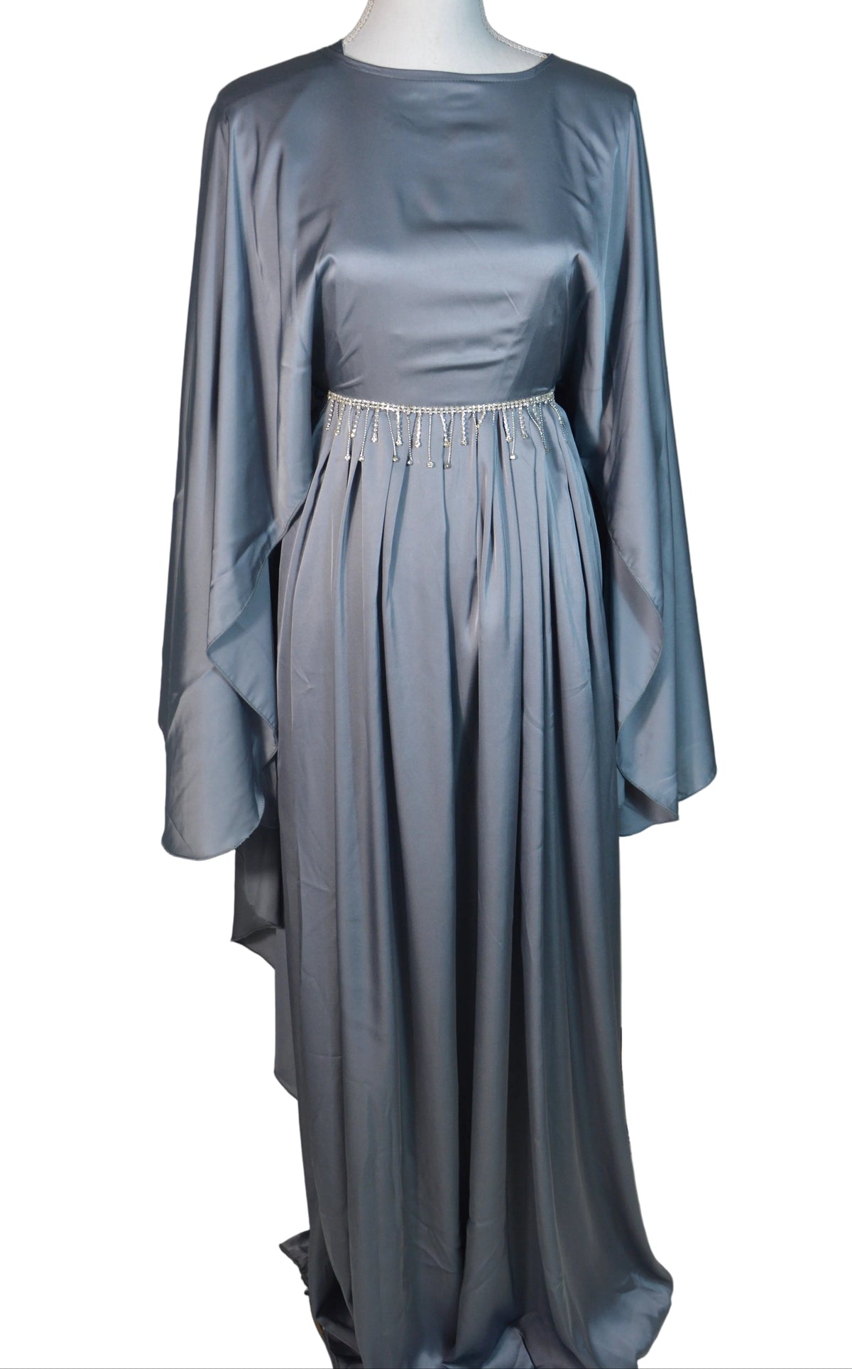 abaya farasha gris argent satinée ceinture perlé