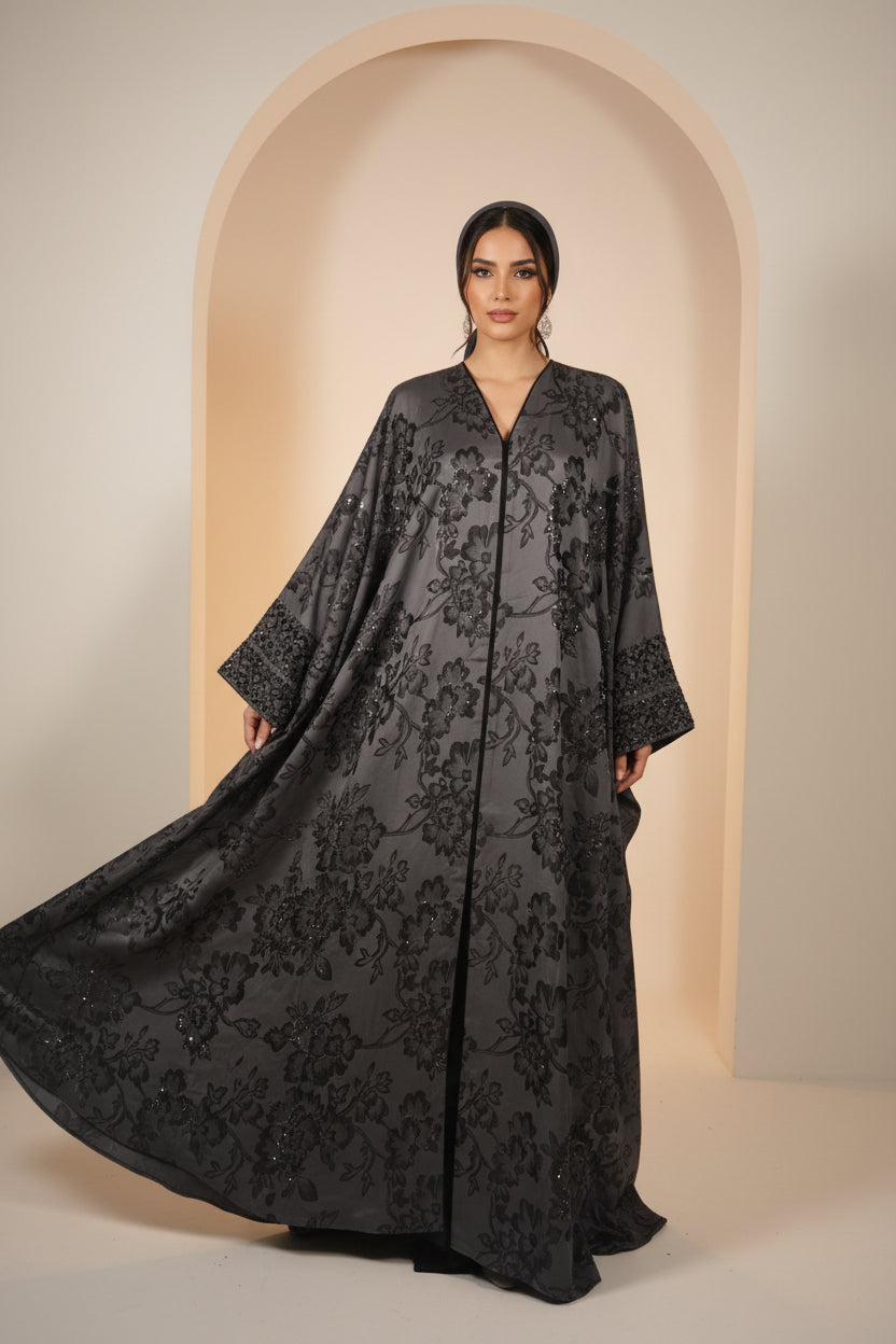 Abaya Fleur Noir Grise Brillant - Élégance Florale