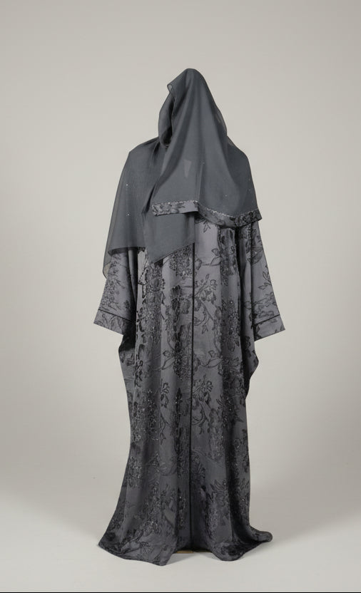 Abaya Fleur Noir Grise Brillant - Élégance Florale