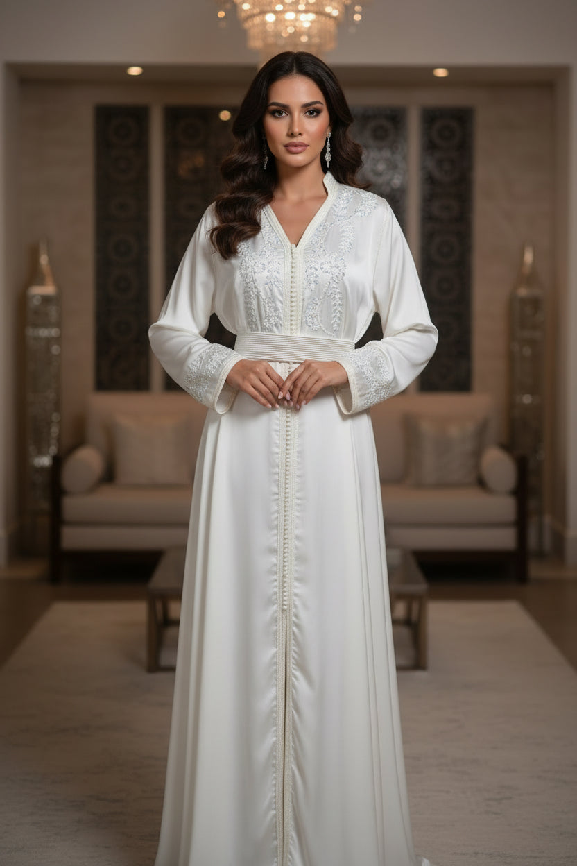 Caftan Blanc Brillant Luxe - Robe Marocaine Élégante