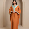Orange Gandoura with Seafoam Green Collar – Moroccan Freshness & Elegance