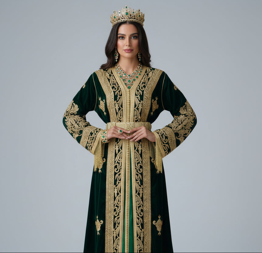 Takchita Velours Vert Émeraude Royal – Henna & Prestige Marocain