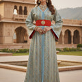 Sky blue Sari Kaftan – red belt & gold medallion
