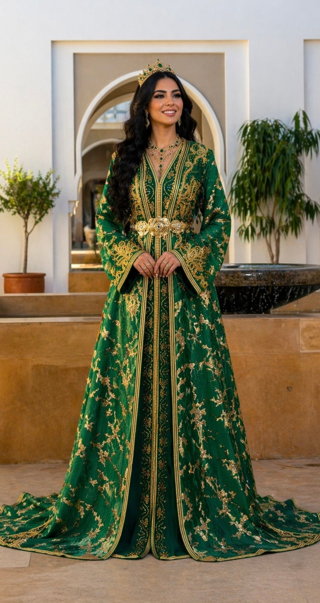 Takchita Haute Couture Brocart Vert, Or & Nacré
