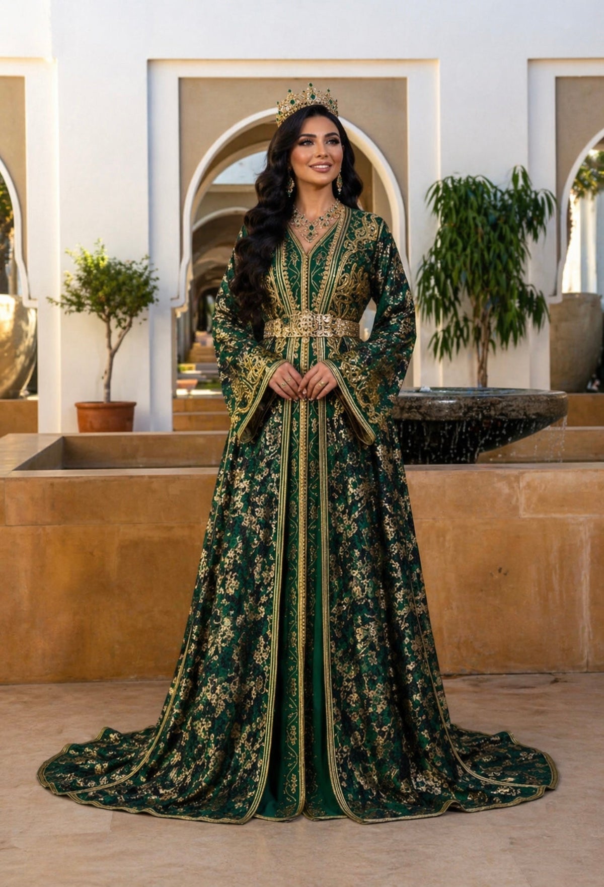 Takchita Haute Couture Brocart Vert, Or & Noir – Audace Royale & Luxe Marocain